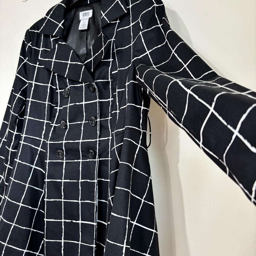 Monroe & Main Preppy Black White Plaid Double-breasted Peplum Swing Trench Coat - Picture 5 of 16